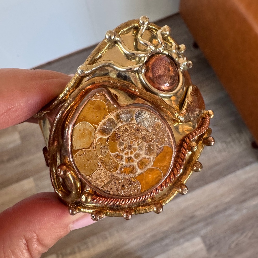AMMONITE FOSSIL CUFF Bracelet Brass and copper sun accents adjustable bracelet